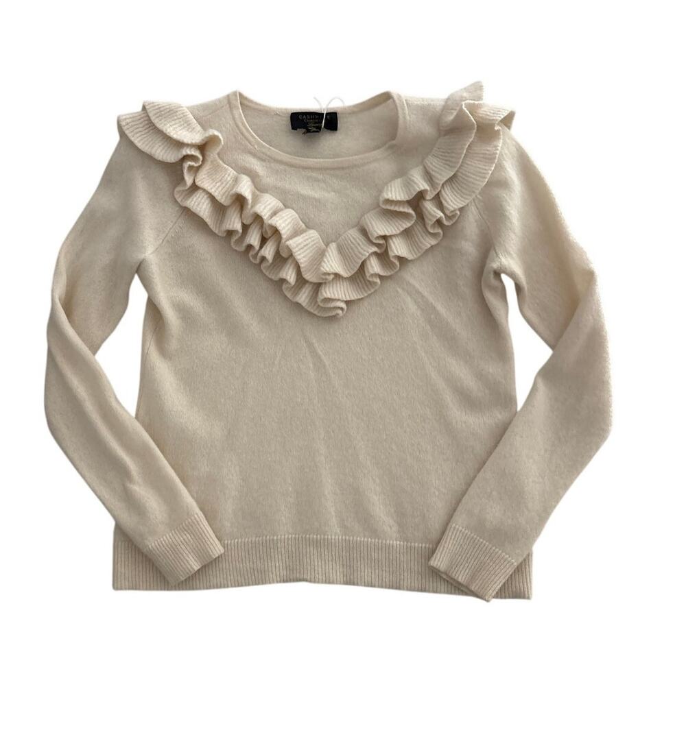 Charter Club Cashmere Ruffle Neck Sweater Cream Ivory S